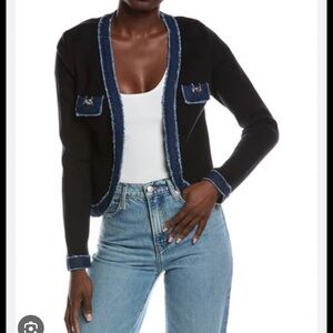 Nanette Leporw Black Knit Open Cardigan with Denim Trim